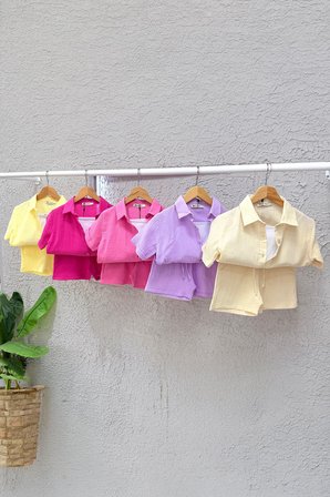 Miniğimin Cicileri Müslin Gömlek Şortlu Atletli Kız Çocuk Takım - Sarı