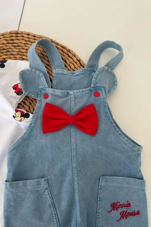 Mnn Baskı Fiyonk Detaylı Kız Bebek Salopetli Takım - Açık Mavi