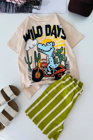 Wild Day Dino Baskılı Çizgili Erkek Çocuk Şort Takım - Yeşil