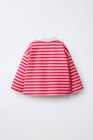 Polo Yaka Çizgili Oversize Kız Çocuk Sweatshirt - Kırmızı