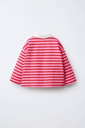 Polo Yaka Çizgili Oversize Kız Çocuk Sweatshirt - Kırmızı