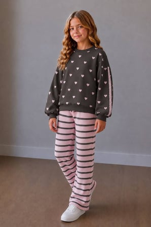 Kalp Desenli Sweatshirt Çizgili Pantolonlu Kız Çocuk 2’li Takım - Antrasit