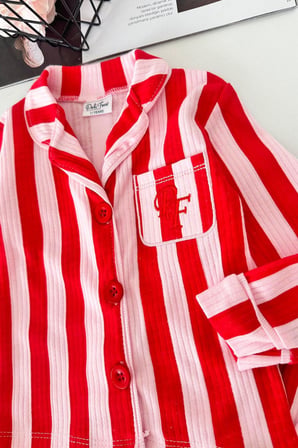 Çizgi Desenli Terlikli Kız Çocuk Pijama Takımı - Kırmızı
