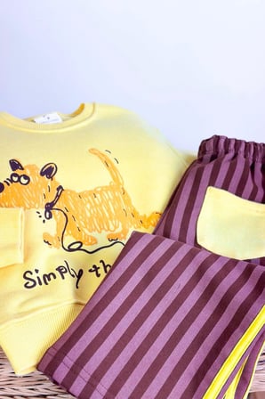 Simply Köpek Baskılı Şerit Detaylı Bol Paça Unisex Çocuk 2’li Takım - Sarı