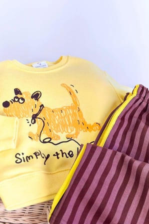 Simply Köpek Baskılı Şerit Detaylı Bol Paça Unisex Çocuk 2’li Takım - Sarı
