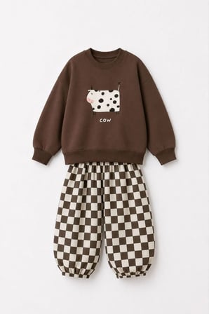 Cow Baskılı Damalı Unisex Çocuk Oversize Takım - Kahverengi