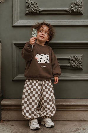 Cow Baskılı Damalı Unisex Çocuk Oversize Takım - Kahverengi