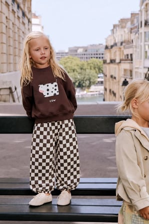 Cow Baskılı Damalı Unisex Çocuk Oversize Takım - Kahverengi
