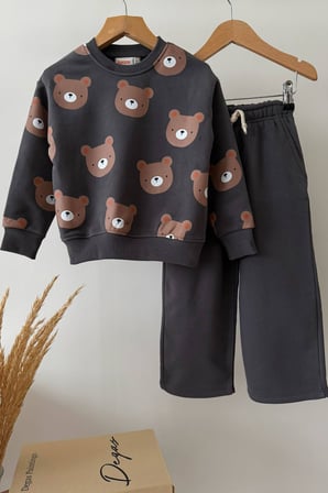 Bear Baskılı Bol Paça 2 li Erkek Çocuk Takım - Antrasit