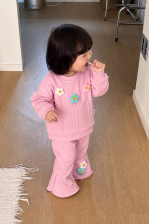 Örgü Çiçek Aplikeli İspanyol Paça Kız Çocuk 2’li Takım - Pembe