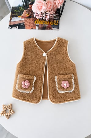 Çiçek Cep Detaylı Peluş Yelekli Kız Bebek 3’lü Takım - Pembe