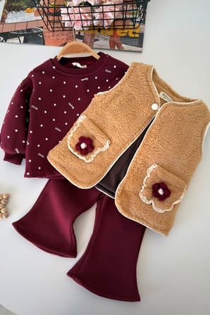 Çiçek Cep Detaylı Peluş Yelekli Kız Bebek 3’lü Takım - Bordo