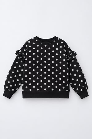 Fırfır Detaylı Puantiyeli Kız Çocuk Sweatshirt - Siyah
