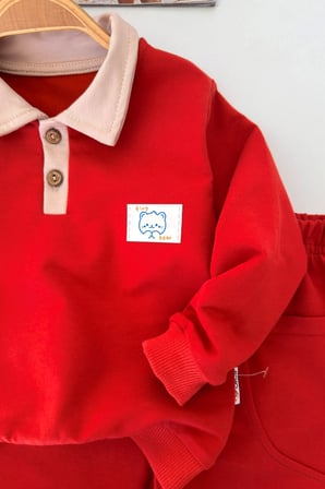 Polo Yaka Kedicik Detaylı Erkek Çocuk 2’li Mevsimlik Takım - Kiremit