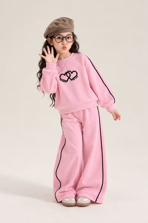 Two Hearts Şerit Detaylı Kız Çocuk Eşofman Takımı - Pembe