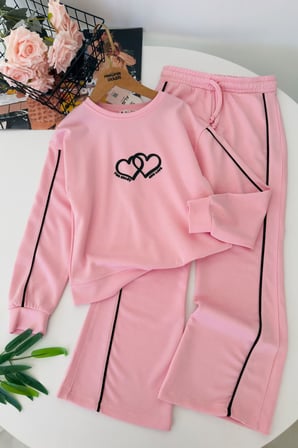 Two Hearts Şerit Detaylı Kız Çocuk Eşofman Takımı - Pembe
