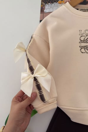 Love Baskılı Fiyonk Detaylı Kışlık Kız Çocuk 2 li Takım - Kahverengi