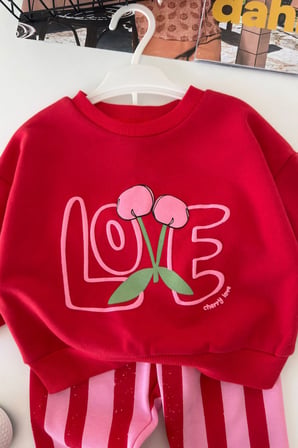 Love Kiraz Baskılı Kız Bebek 2 li Takım - Kırmızı