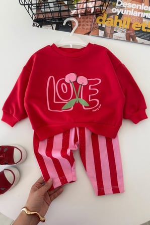 Love Kiraz Baskılı Kız Bebek 2 li Takım - Kırmızı