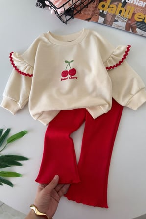 Kiraz Baskılı Taytlı Kız Bebek 2 li Takım - Kırmızı