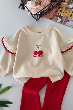 Kiraz Baskılı Taytlı Kız Bebek 2 li Takım - Kırmızı