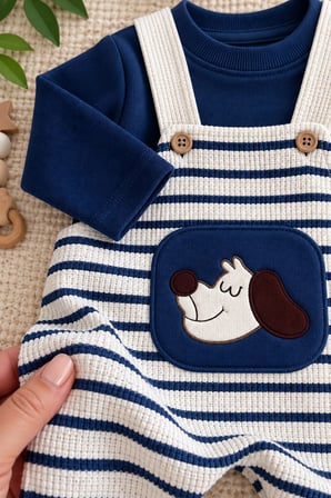 Köpek Nakış Detaylı Çizgili Gofre Salopetli Erkek Bebek 2’li Takım - Lacivert