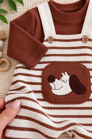 Köpek Nakış Detaylı Çizgili Gofre Salopetli Erkek Bebek 2’li Takım - Kahve