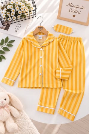Çubuk Desen Göz Bantlı Erkek Çocuk Mevsimlik Pijama Takımı - Sarı