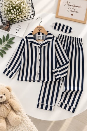 Çubuk Desen Göz Bantlı Erkek Çocuk Mevsimlik Pijama Takımı - Lacivert