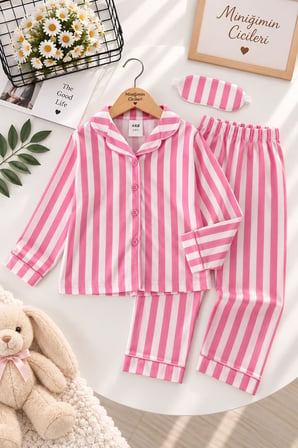 Desenli Göz Bantlı Kız Çocuk Mevsimlik Pijama Takımı - Açık Pembe