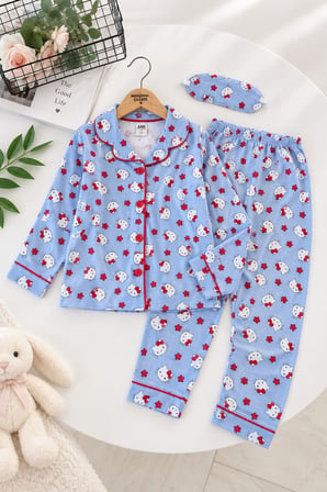 Desenli Göz Bantlı Kız Çocuk Mevsimlik Pijama Takımı - Mavi
