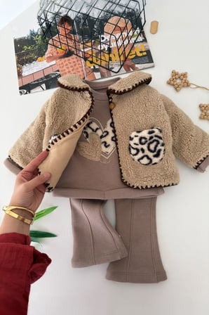Leopar Cepli Peluş Ceketli Kız Bebek Kışlık 3’lü Takım - Vizon