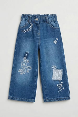 Kız Çocuk Çiçek Nakışlı Bol Paça Denim Pantolon - Mavi