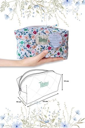 Tadsy Çiçek Desenli Makyaj Çantası %100 Pamuk Fermuarlı Büyük Boy 22x12x10 cm Elyaf Dolgulu