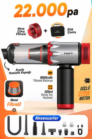 Tastech Matt MCV22 Şarjlı Araç Süpürgesi Kırmızı 22.000PA Güçlü Vakumlu Mini El Süpürgesi Type-C Şarjlı 220W