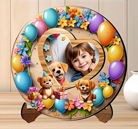 14x14 cm MDF Malzemeden Çocuklar İçin UV Baskılı Hayvan Desenli Fotoğraf Çerçevesi 