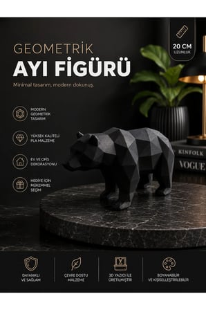 Geometrik Ayı Figürü 20 cm - Modern Dekoratif 3D Baskı Ayı Heykeli