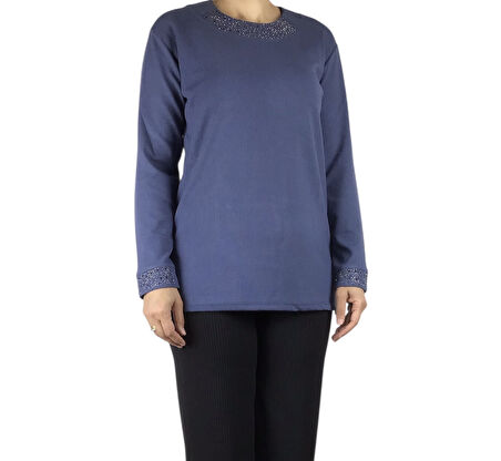 KADIN YAKA VE KOL AĞZI TAŞ İŞLEMELİ MEVSİMLİK BLUZ