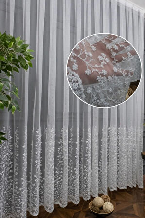 Papatya Etek Nakış Geniş Desen Tarz Tasarım 3kat Pileli Tül Perde