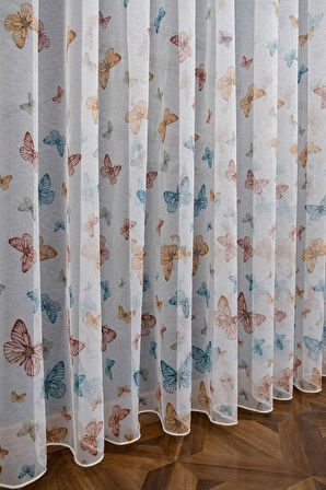 Brillant Kelebek Desenli Kelebekli Model Renkli Rengarenk Tül Perde 3 Kat Pileli