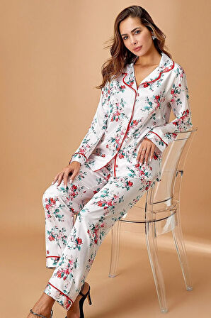 Kadın Ekru Çiçek Desenli Saten Gömlek Uzun Kollu Pijama Takımı 5654