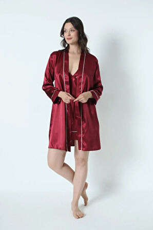 Kadın Bordo Saten Çeyiz Seti 6 Parça Beyaz Biyeli Sabahlık Gecelik Pijama Şortlu Takım 8630