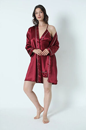 Kadın Bordo Saten Çeyiz Seti 6 Parça Beyaz Biyeli Sabahlık Gecelik Pijama Şortlu Takım 8630