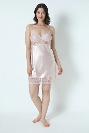 Pudra Saten Gecelik Sabahlık Pijama Takım Şort Takım 6'lı Gelin Çeyiz Seti 8670