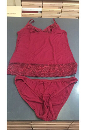Kadın Dantelli Penye Atlet Külot / Kaşkorse Set Bordo Alissa 601