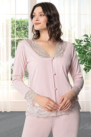 9620 Kadın Çeyizlik Dantelli Penye 6'lı Set -pudra