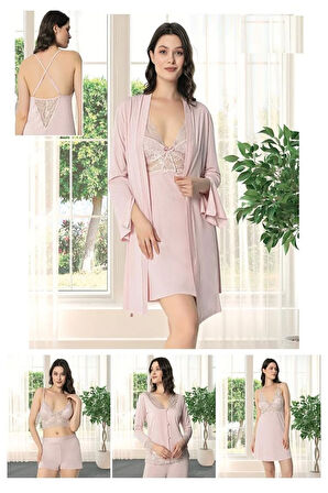 9620 Kadın Çeyizlik Dantelli Penye 6'lı Set -pudra