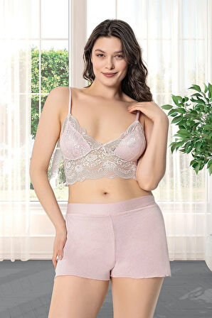 9620 Kadın Çeyizlik Dantelli Penye 6'lı Set -pudra