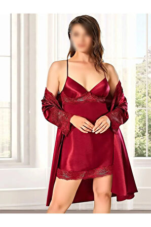 Kadın Bordo Dantelli Saten & Kutulu 6'lı Gelin Çeyiz Seti TH.CLVR.8610.LSS