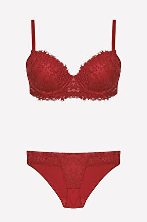 Meba Kadın Balenli Dantelli Destekli Push-up Bordo Sütyen Takım 4487